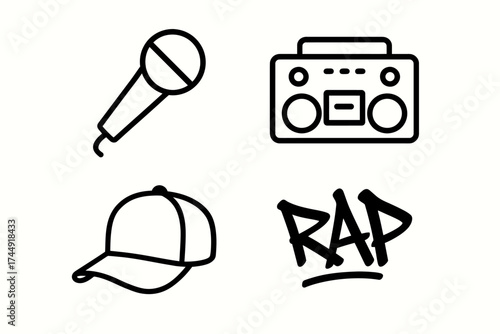 Hip hop elements: microphone, boombox, cap, and rap graffiti icon set