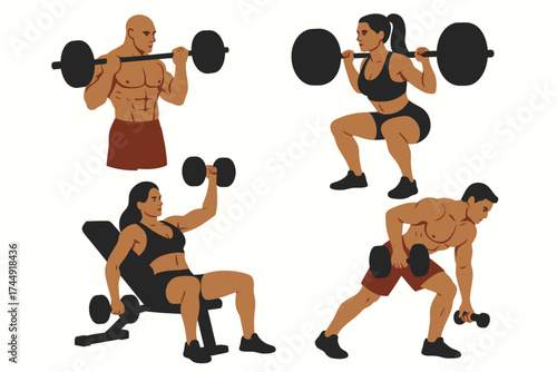 Caucasian adults engaged in various weightlifting exercises
