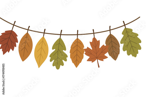 Colorful autumn leaves garland hanging on string in fall season