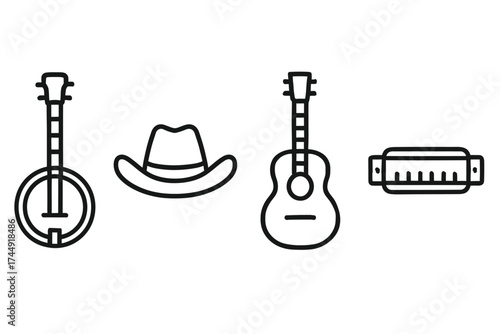 Outline icons of banjo, cowboy hat, guitar, and harmonica in black and white style