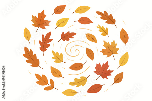 Autumn leaves swirling in vortex pattern on white background