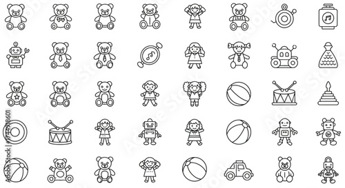 Collection of various children's toys represented as line art icons on white background