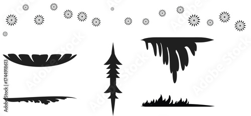 Black & White Game Asset Silhouettes: Floating Platforms, Tree, Grass, & Falling Objects for Side-Scrolling Game Design