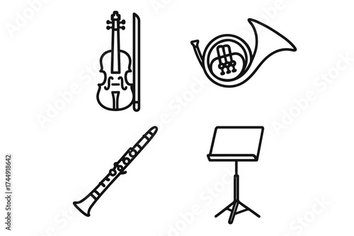 Violin french horn clarinet and music stand in simple line art