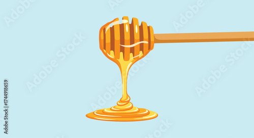 A wooden honey dipper with dripping golden honey on a light blue background.