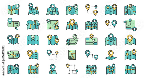 Colorful set of map icons representing navigation, travel, and location services