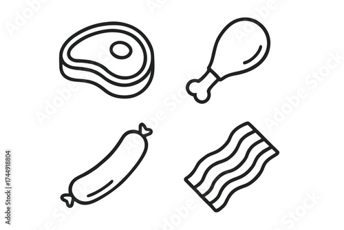 Outline icons of meat: steak, drumstick, sausage, bacon in black and white design