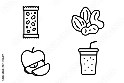 Simple line art of snack bar, nuts, apple slices, and beverage with straw