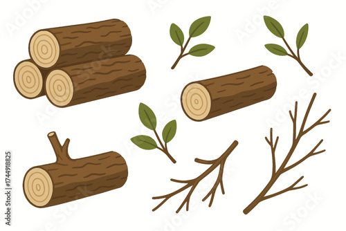 Vector illustration of logs, branches, and leaves isolated on white background