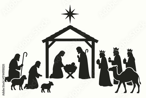 Nativity scene silhouette with shepherds, wise men, and animals under star