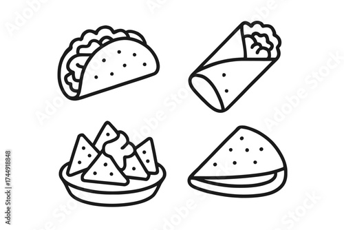 Outlined icons of mexican cuisine: taco, burrito, nachos, quesadilla