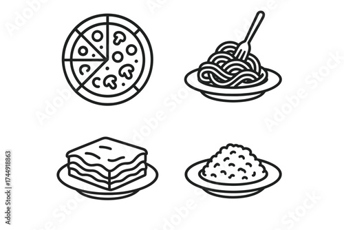 Line art: pizza, spaghetti, lasagna, and rice illustrations