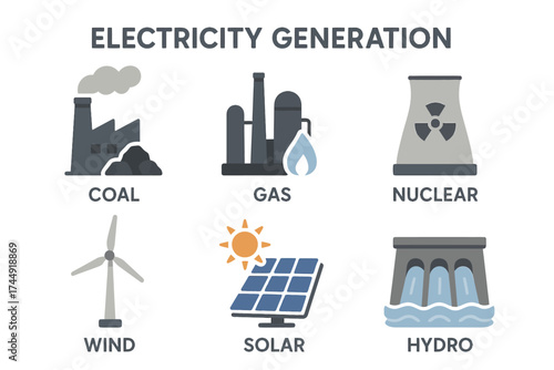 Types of electricity generation: coal, gas, nuclear, wind, solar, hydro