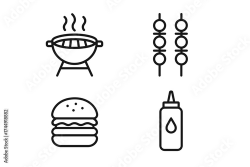 Barbecue grill, skewers, burger, and condiment bottle line icons