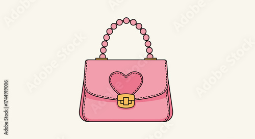 A charming pink purse with a beaded handle and a heart-shaped clasp for accessories.