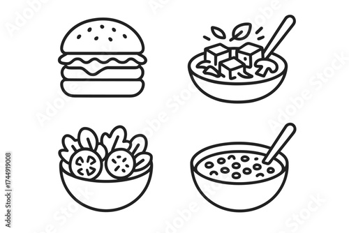 Outline icons of burger, tofu bowl, salad, and cereal bowl in simple style
