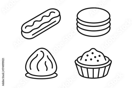 Outline icons of éclair, macarons, chocolate kiss, and cupcake