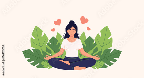 A woman meditating with hearts floating above her head.