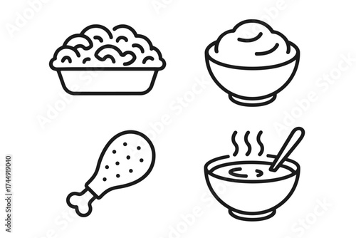 Line art of food elements: rice, mashed potatoes, chicken leg, and soup