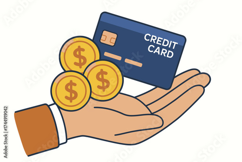 Hand holding credit card and coins symbolizing financial transactions