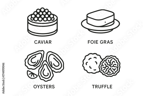 Gourmet delicacies: caviar, foie gras, oysters, truffle icon set