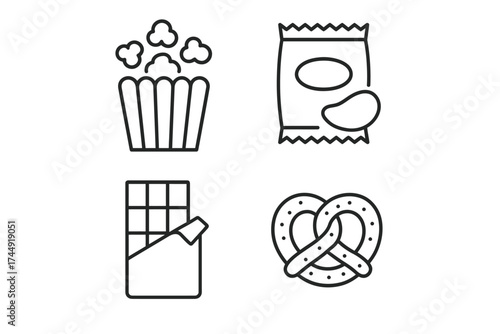 Simple snack icons: popcorn, chips, chocolate, pretzel – minimalist line art