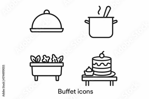 Buffet icons: serving dish, cooking pot, salad bowl, dessert stand