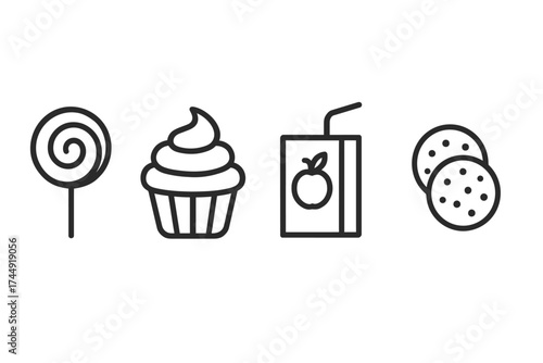 Outline icons of lollipop, cupcake, juice box, and cookies on white background