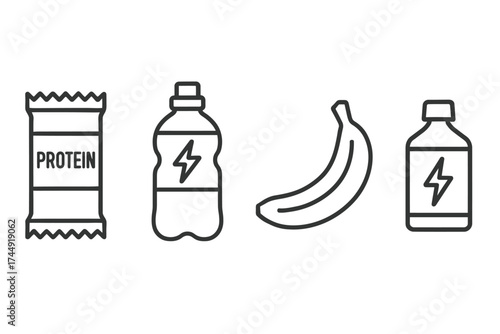 Outline icons of protein bar, sports drink, banana, and energy drink
