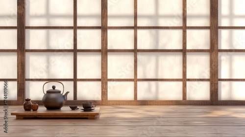 Zen tea set on wooden tray in front of traditional shoji screen