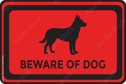 Beware of dog warning sign with black dog silhouette on red background