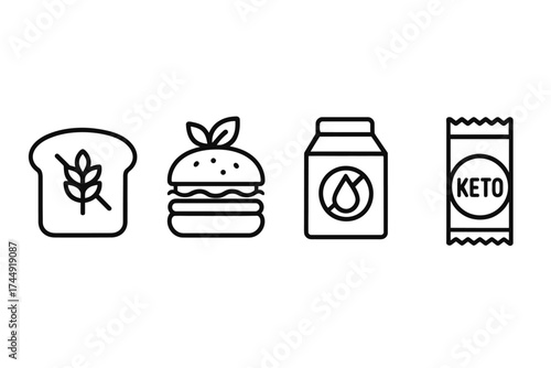 Gluten-free icons: bread, burger, milk, keto snack outlined in black and white