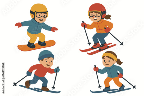 Kids enjoying winter sports: skiing and snowboarding fun for boys and girls