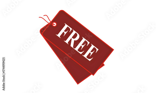Red price tag label with FREE text, sale discount offer badge, shopping promotion sign, clearance marketing sticker, isolated vector on white background