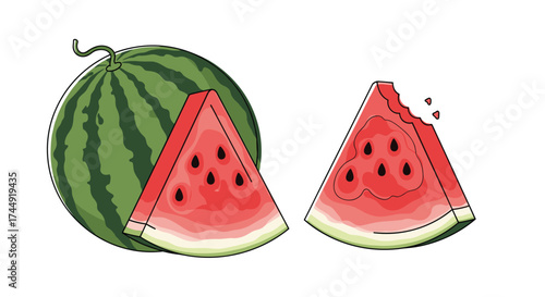 A refreshing whole watermelon with two juicy slices cut from it.