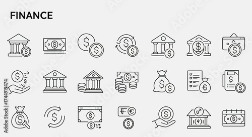 Financial and banking icons set with money, bank, and investment symbols