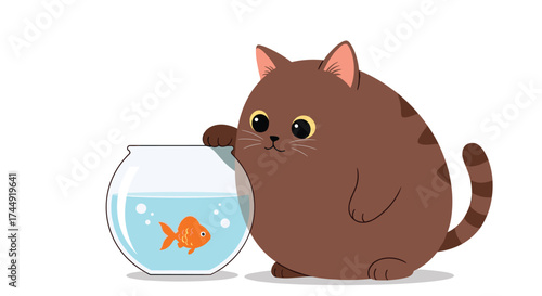 Curious brown cat peeking into a fishbowl with a single goldfish.