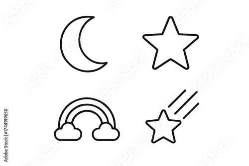 Black and white outline of moon, star, rainbow, and shooting star symbols