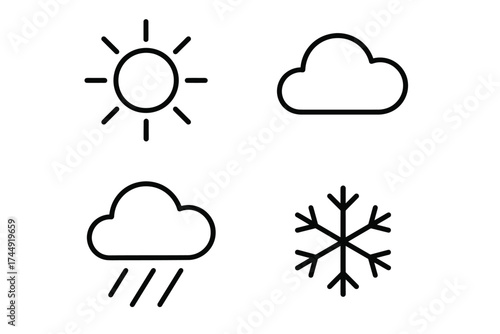 Weather icons: sun, cloud, rain, snowflake symbols for forecasting