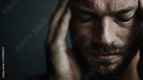 A close up portrait of a man holding his temples in distress conveying stress and deep emotional pain with dramatic lighting