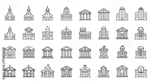 Government Buildings Icon Set: Diverse Architectural Styles and Institutional Representation
