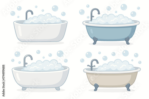 Set of four cartoon bathtubs with bubbles in different styles and colors