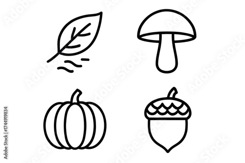 Autumn icons: leaf, mushroom, pumpkin, acorn in black outline design