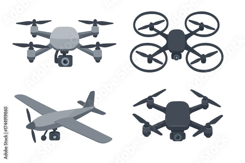 Four types of aerial drones with cameras: quadcopters and airplane drone variants