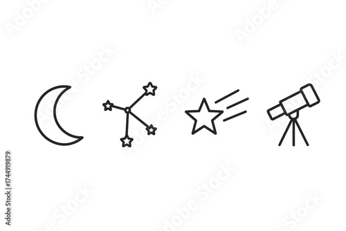Astronomy symbols: moon, constellation, shooting star, telescope icon set
