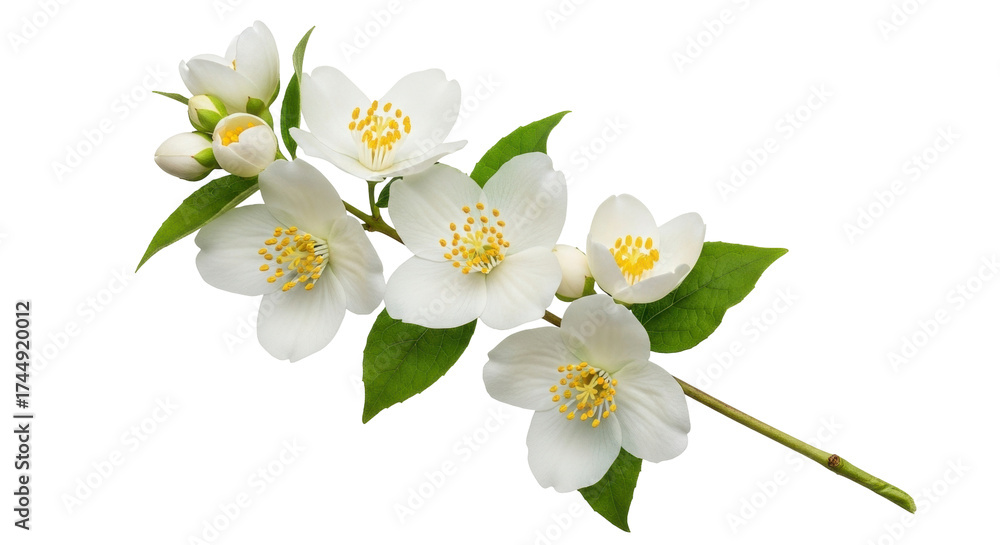 Fototapeta premium Isolated sprig of mock-orange with open blooms and unopened buds, beautiful flowers in summer