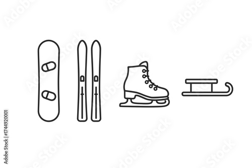 Minimalist winter sports icons: snowboard, skis, ice skate, sled
