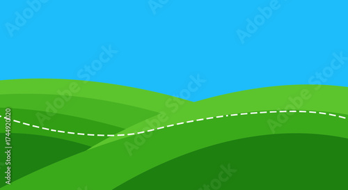 Minimalist green landscape with a stylized path under a clear blue sky