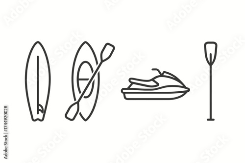 Outline of surfboard, kayak, jet ski, and paddle icons