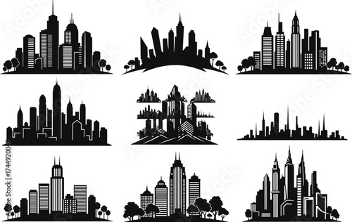 City skyline silhouette collection, urban architecture scenes, modern buildings, vector illustration, black and white artwork, metropolitan design concept